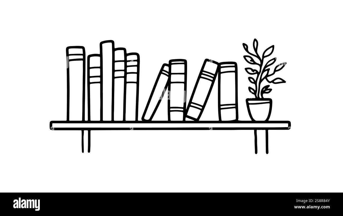 Bookshelf books plant home decor. Simple line art design. Minimalist shelf interior illustration. Reading room library aesthetic. Cozy home office Stock Vector