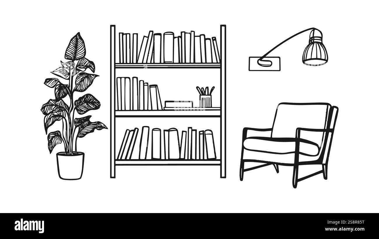 Bookshelf books home decor. Armchair reading chair interior design. Houseplant plant pot. Wall lamp lighting fixture. Cozy room sketch illustration Stock Vector