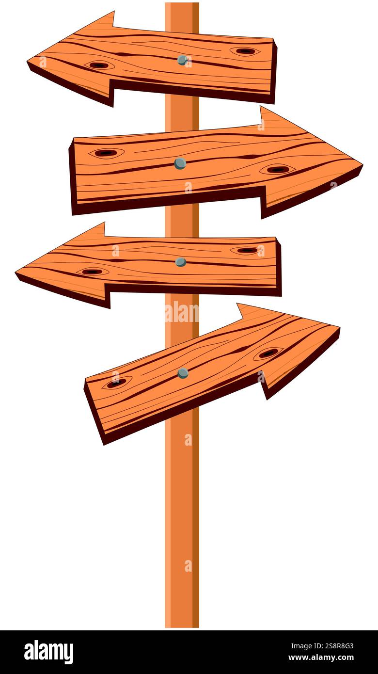 Wooden effect retro Signpost with arrows pointing in different directions, options or career or life choices concept, Cartoon wood isolated on white Stock Vector
