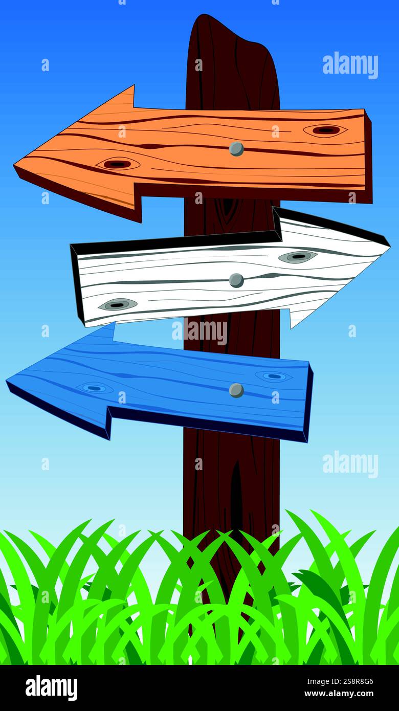 Wooden effect retro Signpost with different colour arrows pointing in different directions, options or career or life choices concept, Cartoon wood Stock Vector