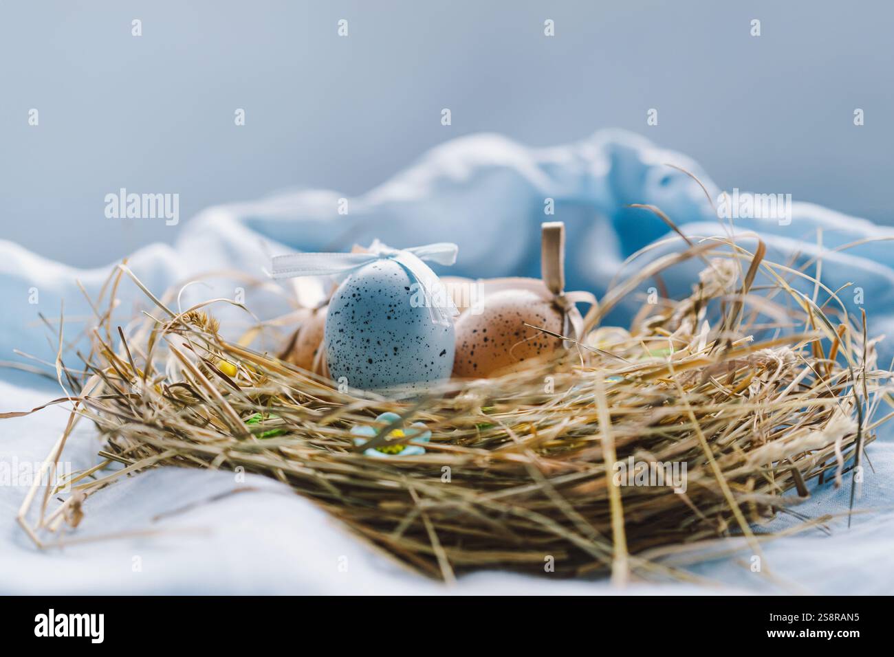 Colorful Easter eggs nestled in a nest surrounded by flowers and straw ...