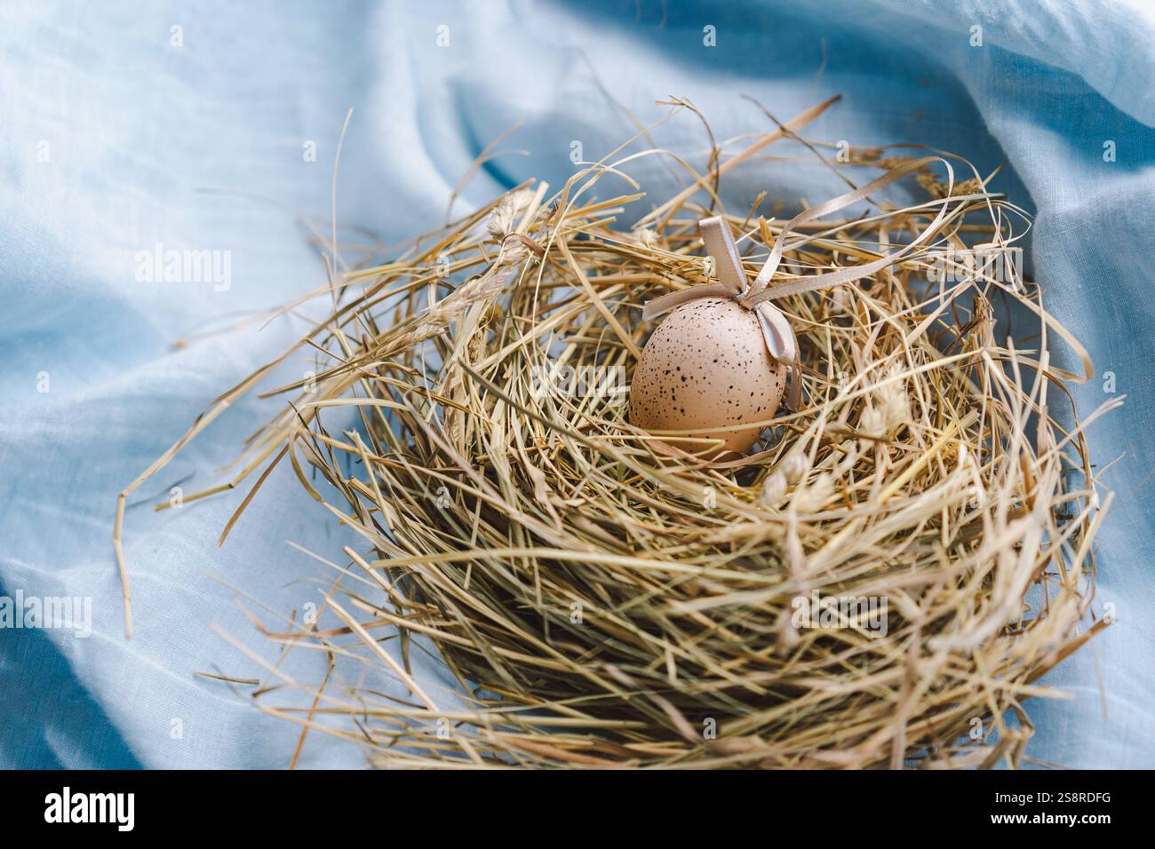 Colorful Easter eggs nestled in a nest surrounded by flowers and straw ...