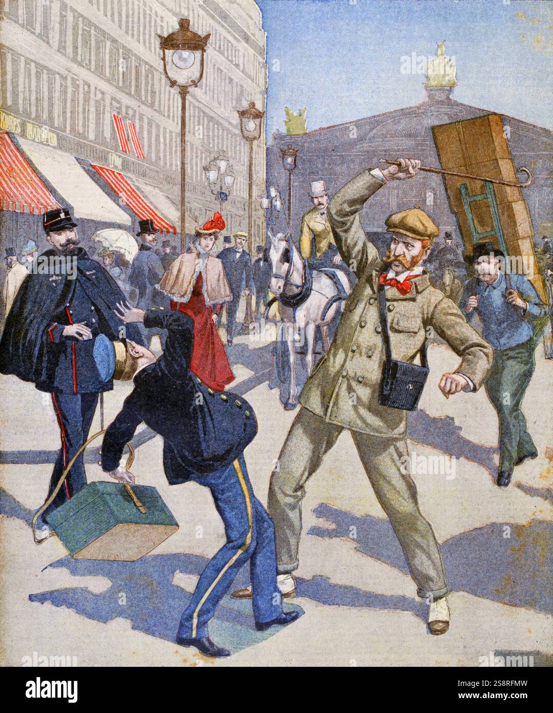 Illustration showing anti-English sentiments as an English traveller attacks a French Bellboy in Paris. 1899 Stock Photo