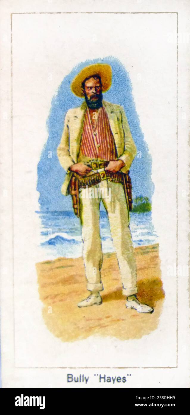 London Cigarette Card Company card 1924 depicting: William Henry 'Bully' Hayes (1827 or 1829 – 1877); notorious American-born ship's captain who engaged in kidnapping slaves in the 1860s and 1870s and whose arrival on any Pacific Island would cause islanders to hide in fear of being kidnapped and shipped off to be a labourer on some distant plantation Stock Photo