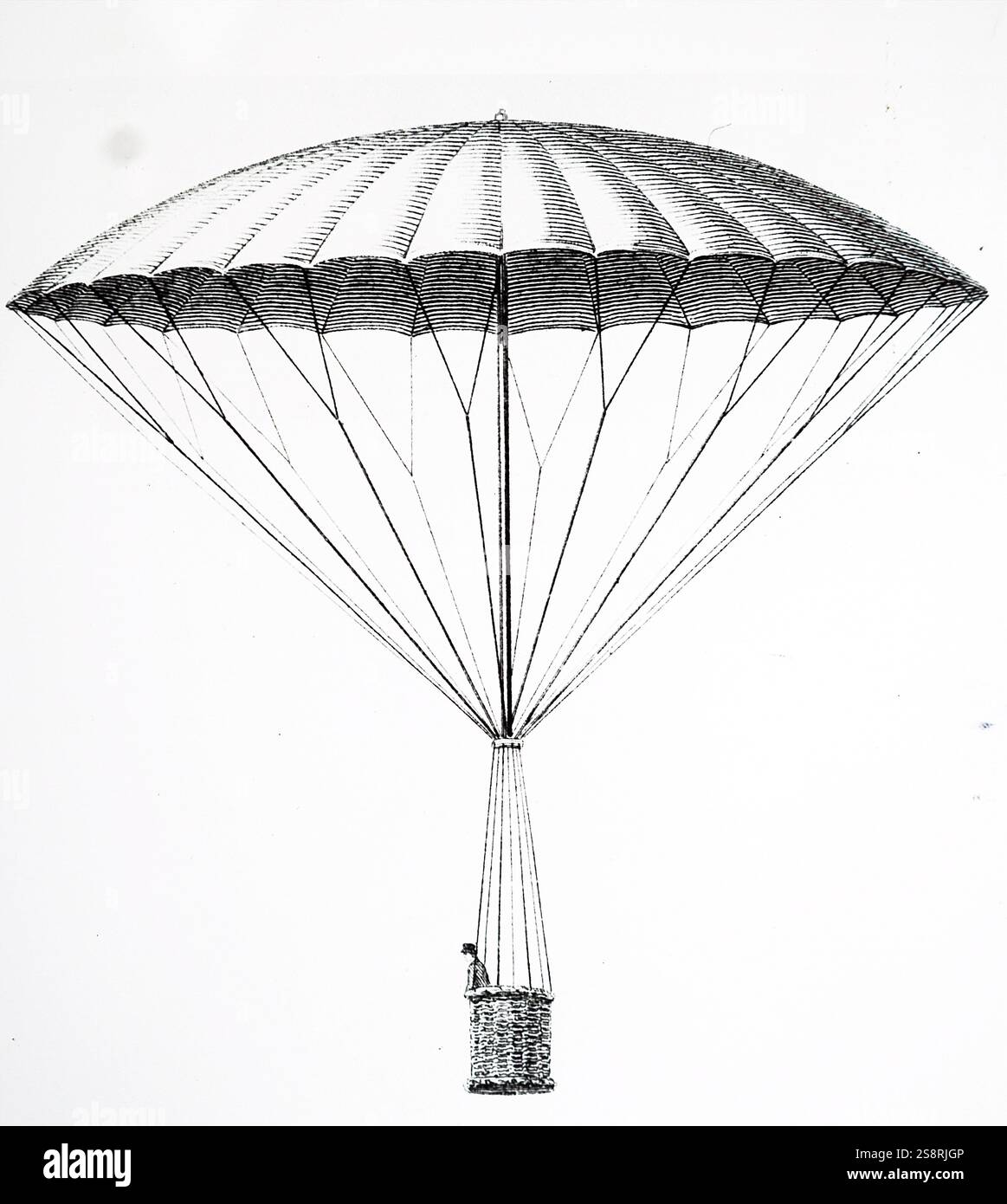 Engraving depicting André-Jacques Garnerin making his first parachute descent. André-Jacques Garnerin (1769-1823) a French balloonist and inventor of the frameless parachute. Dated 18th Century Stock Photo