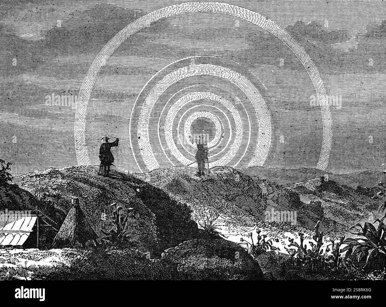 Engraving depicting a solar halo. A solar halo appears when tiny ice ...