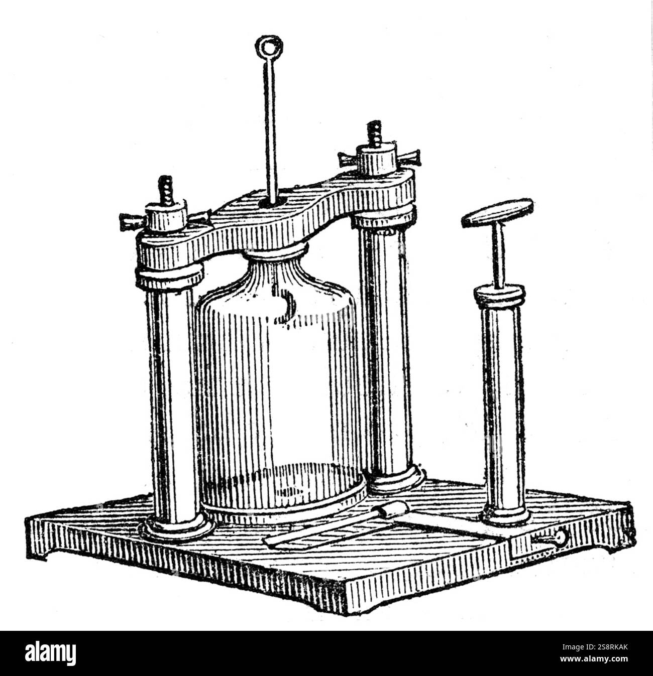 Engraving depicting an air condenser. A condenser is an apparatus or item of equipment used to condense. Dated 19th Century Stock Photo