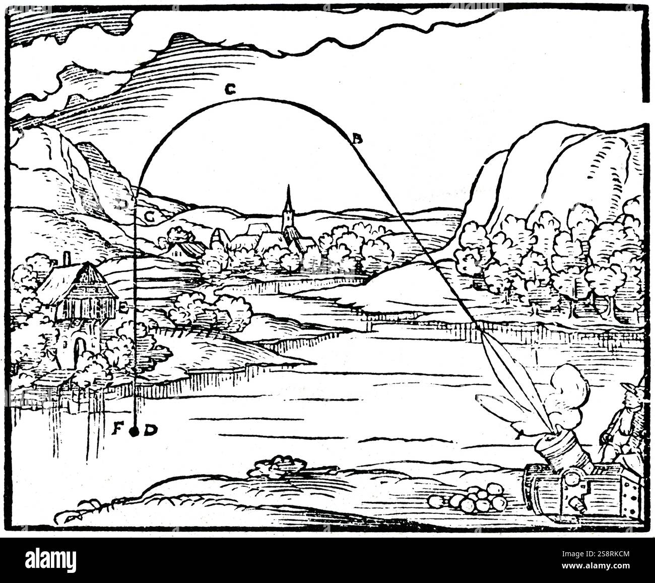 Engraving depicting a gunner firing ball from a mortar. Path of the ...