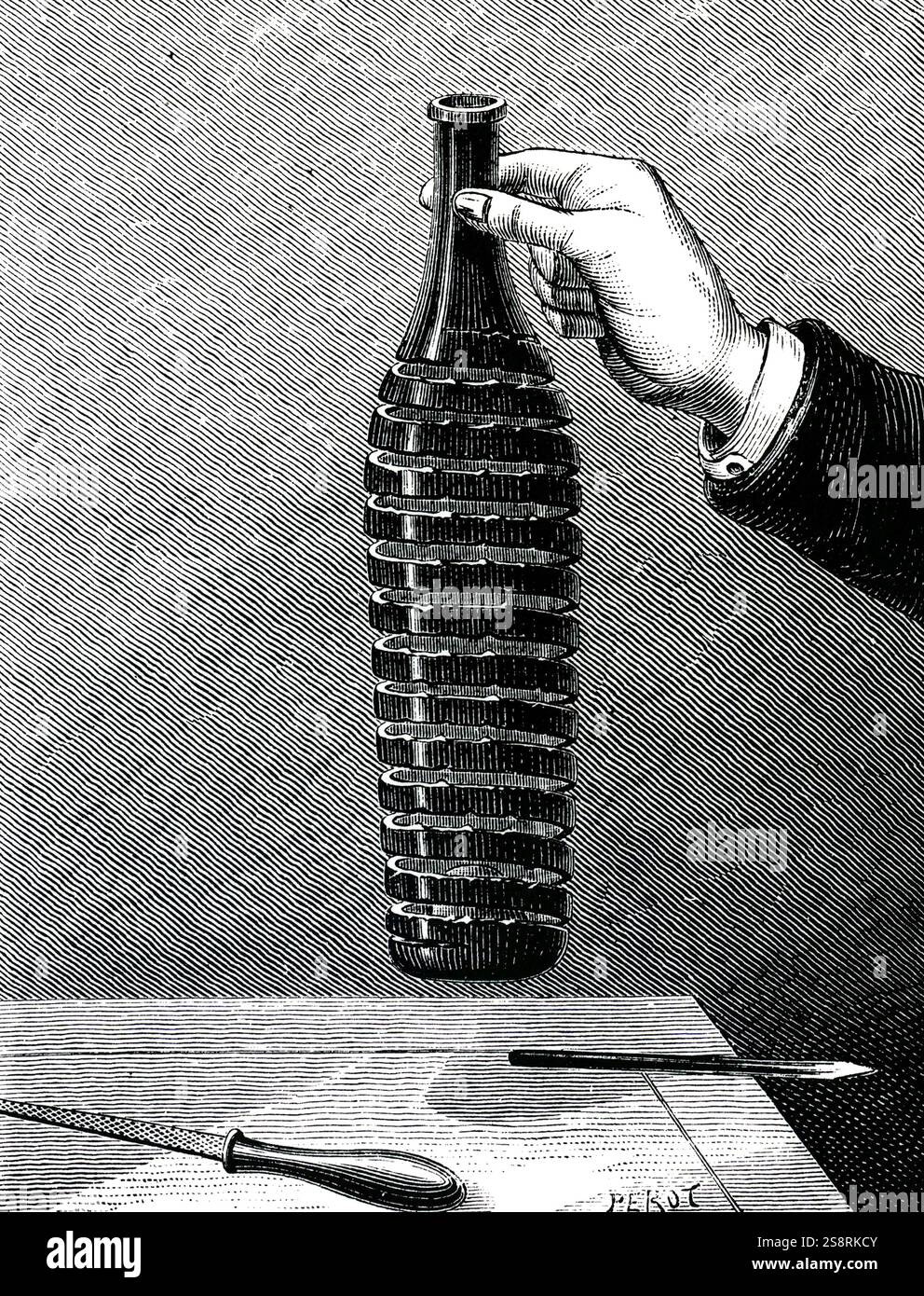 Engraving depicting elasticity by flexure: glass bottle as a spring. A ...