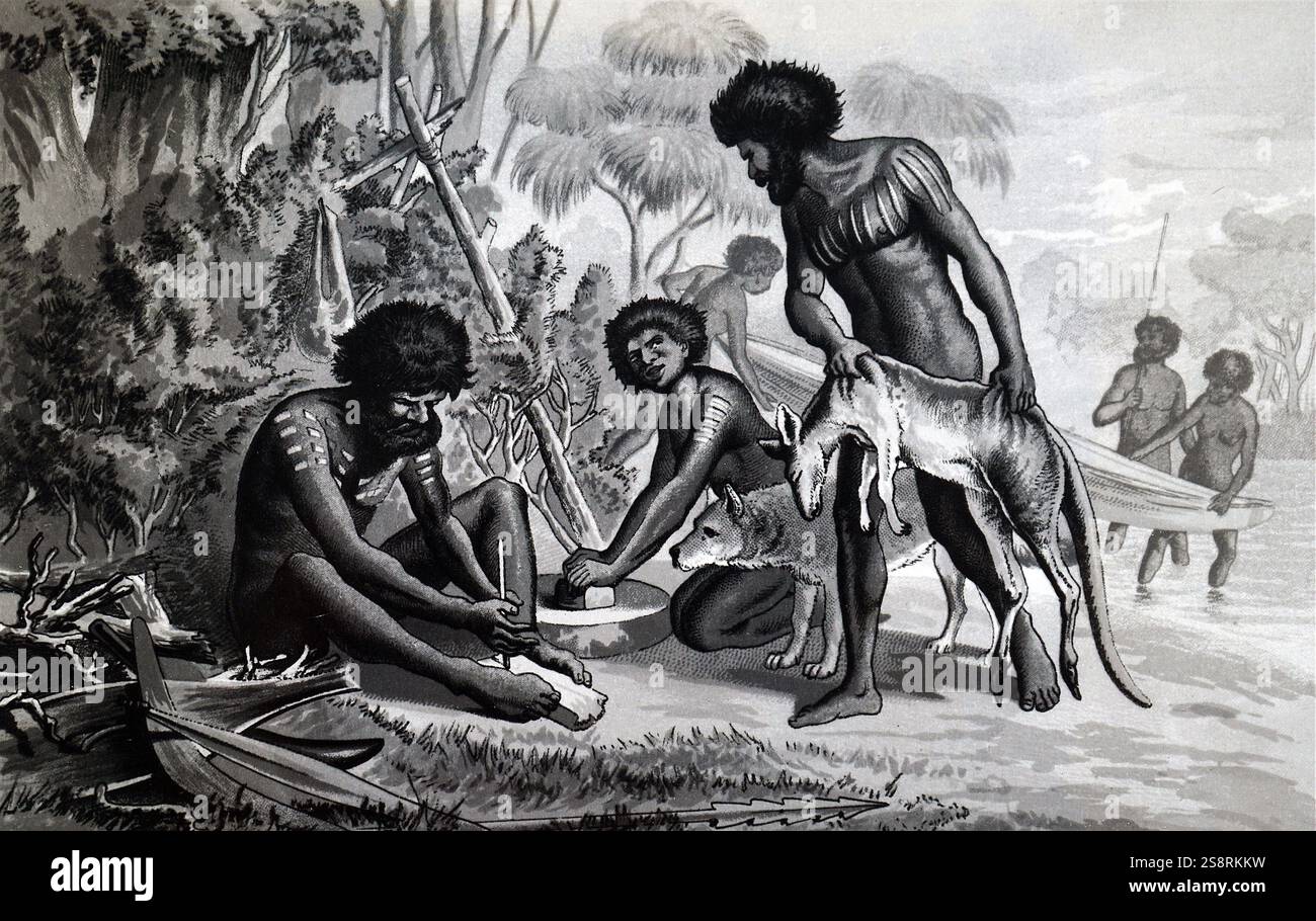 Engraving depicting Australian aborigines preparing a meal using a bow ...