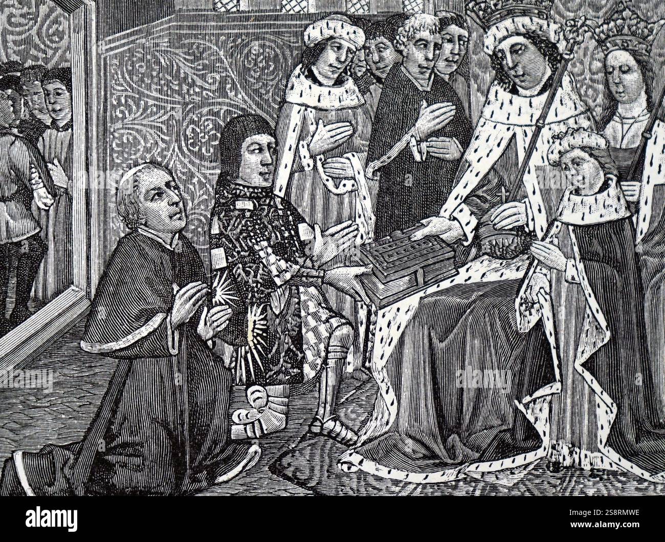 Engraving depicting Anthony Woodville, 2nd Earl Rivers presenting his ...