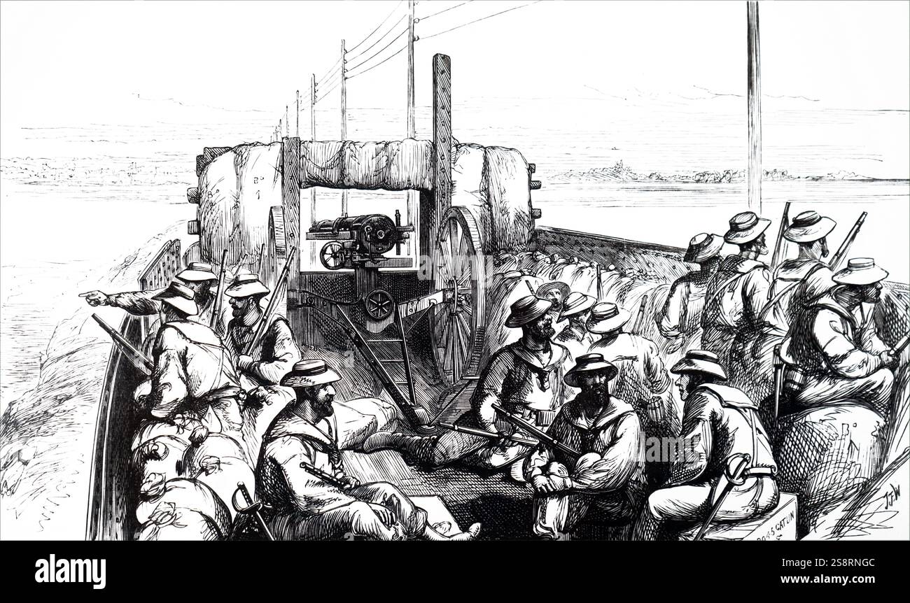Illustration depicting the rear of an armoured train with a Gatling gun used during a war in Egypt. Dated 19th century Stock Photo