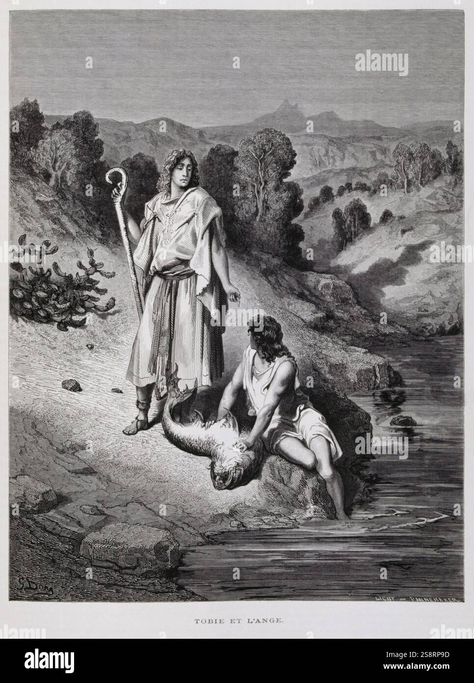 Tobias and the Angel, Illustration from the Dore Bible 1866. In 1866, the French artist and illustrator Gustave Doré (1832–1883), published a series of 241 wood engravings for a new deluxe edition of the 1843 French translation of the Vulgate Bible, popularly known as the Bible de Tours. This new edition was known as La Grande Bible de Tours and its illustrations were immensely successful. Tobias, son of Tobit, meets an angel without realising he is an angel (Book of Tobit, 5.5-6) and is then instructed by the angel what to do with a giant fish he catches Stock Photo