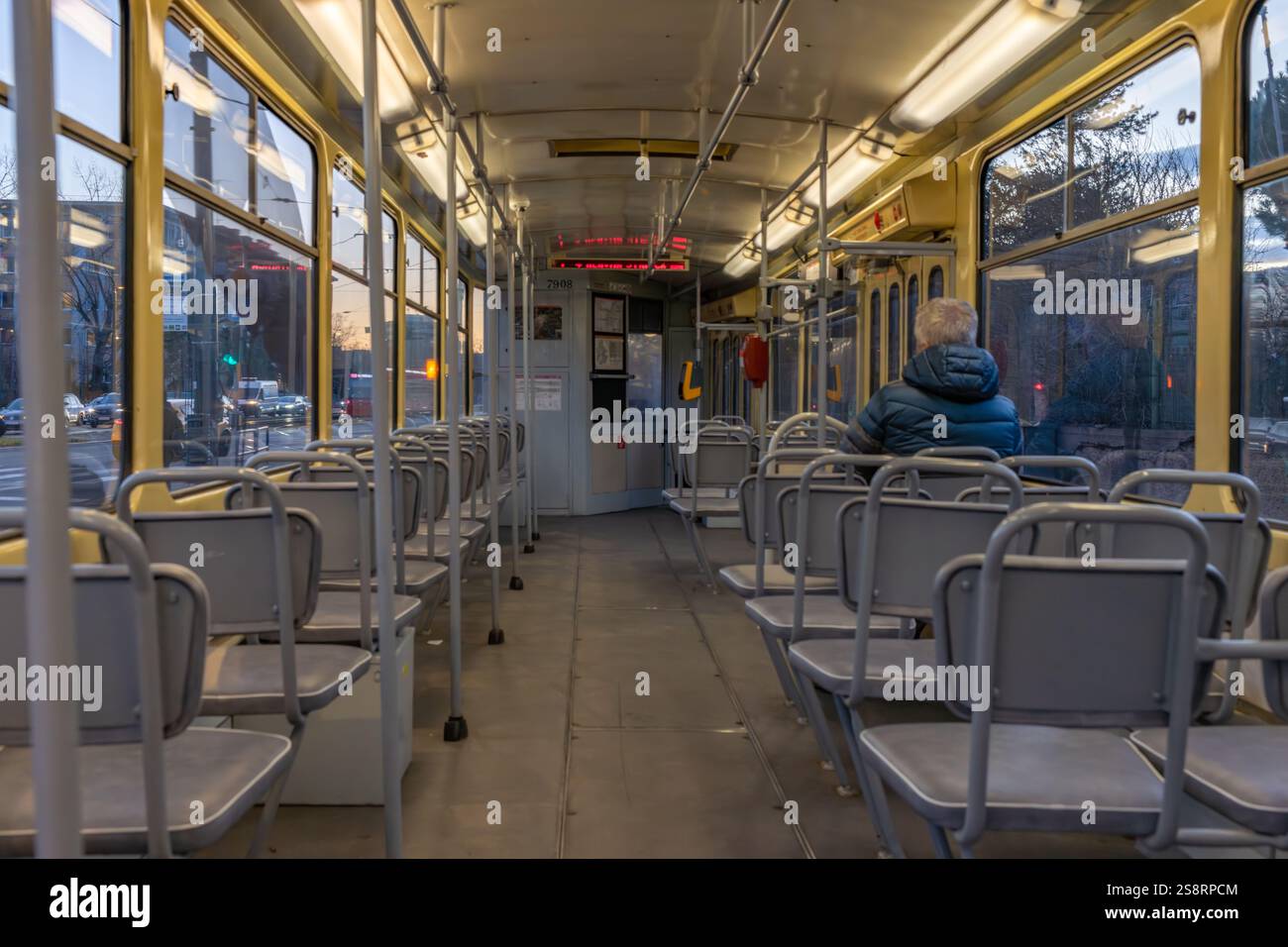 Electric tram interior in winter sunset evening in Bratislava Slovakia ...
