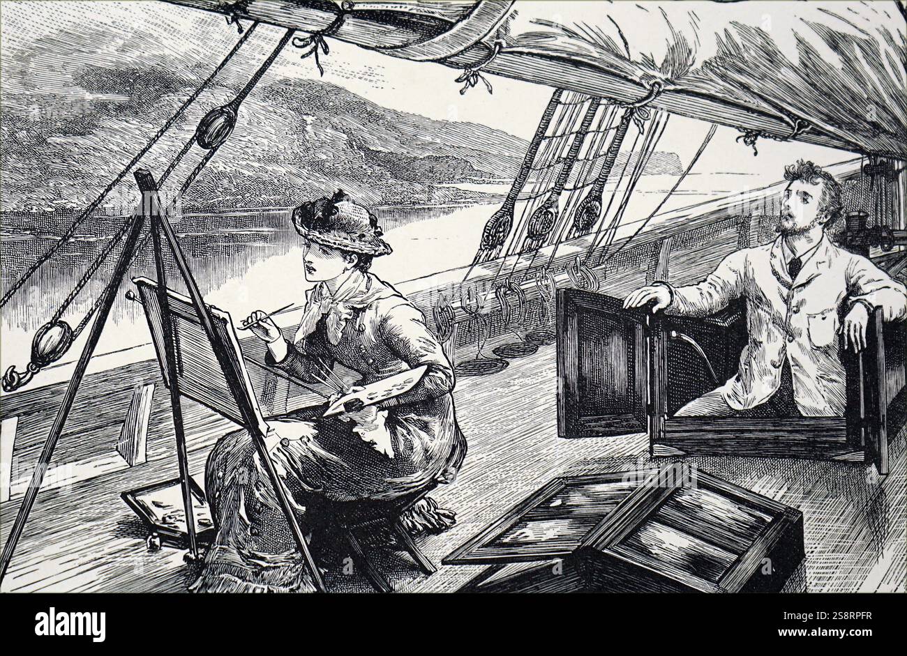 Illustration depicting a young woman painting on the deck of a boat as ...