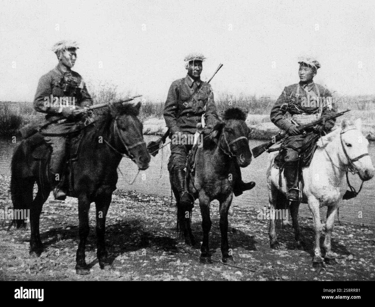 Battle of Khalkhin Gol-Mongolian cavalry. The Battles of Khalkhin Gol were the decisive engagements of the undeclared Soviet–Japanese border conflicts fought among the Soviet Union, Mongolia, Japan and Manchukuo in 1939. The conflict was named after the river Khalkhin Gol, which passes through the battlefield. In Japan, the decisive battle of the conflict is known as the Nomonhan Incident (Nomonhan jiken) after Nomonhan, a nearby village on the border between Mongolia and Manchuria. The battles resulted in the defeat of the Japanese Sixth Army Stock Photo