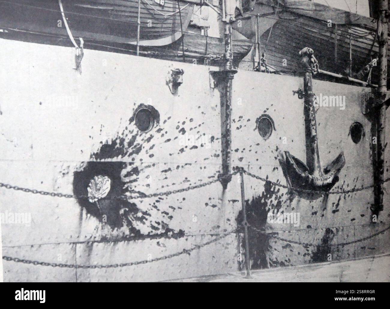 Ship with damage after being hit by shell fire during the Battle of Jutland. The Battle of Jutland was a naval battle fought between Britain's Royal Navy Grand Fleet, under Admiral Sir John Jellicoe, and the Imperial German Navy's High Seas Fleet, under Vice-Admiral Reinhard Scheer, during the First World War Stock Photo