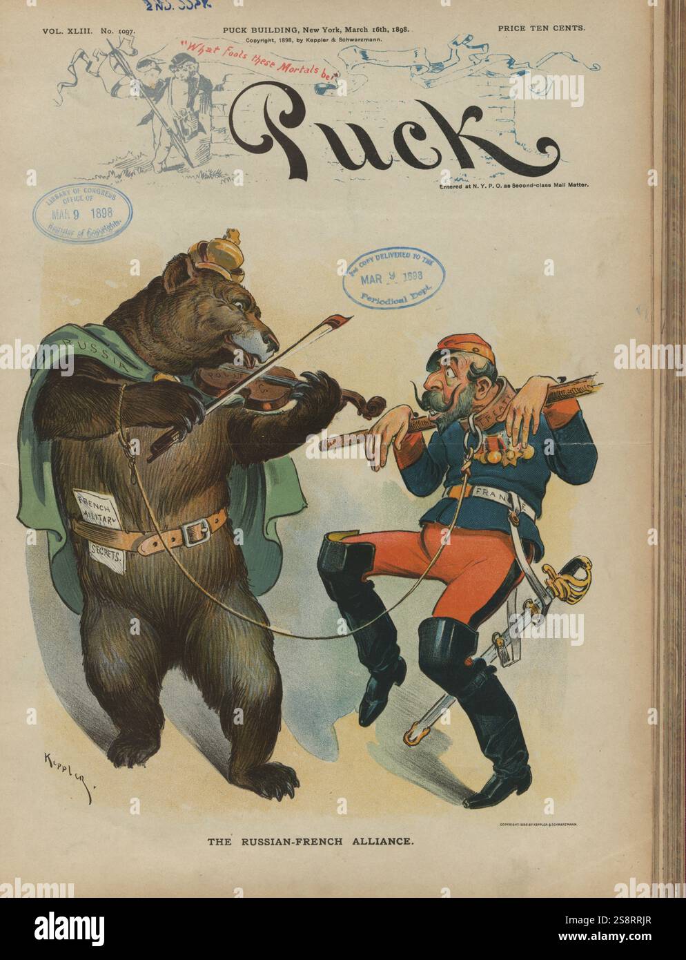 The Russian-French alliance. By Udo J. Keppler (1872-1956). Print shows the Russian Bear playing a fiddle labeled 'Politics', around it's waist is a belt with papers labeled 'French Military Secrets' tucked behind, and a cord extending from it's right wrist is connected to a restraint labeled 'Treaty' around the neck of a dancing soldier labeled 'France'. The French soldier may refer to Ferdinand W. Esterhazy who was involved in the Dreyfus Affair and the sale of military secrets to Germany Stock Photo