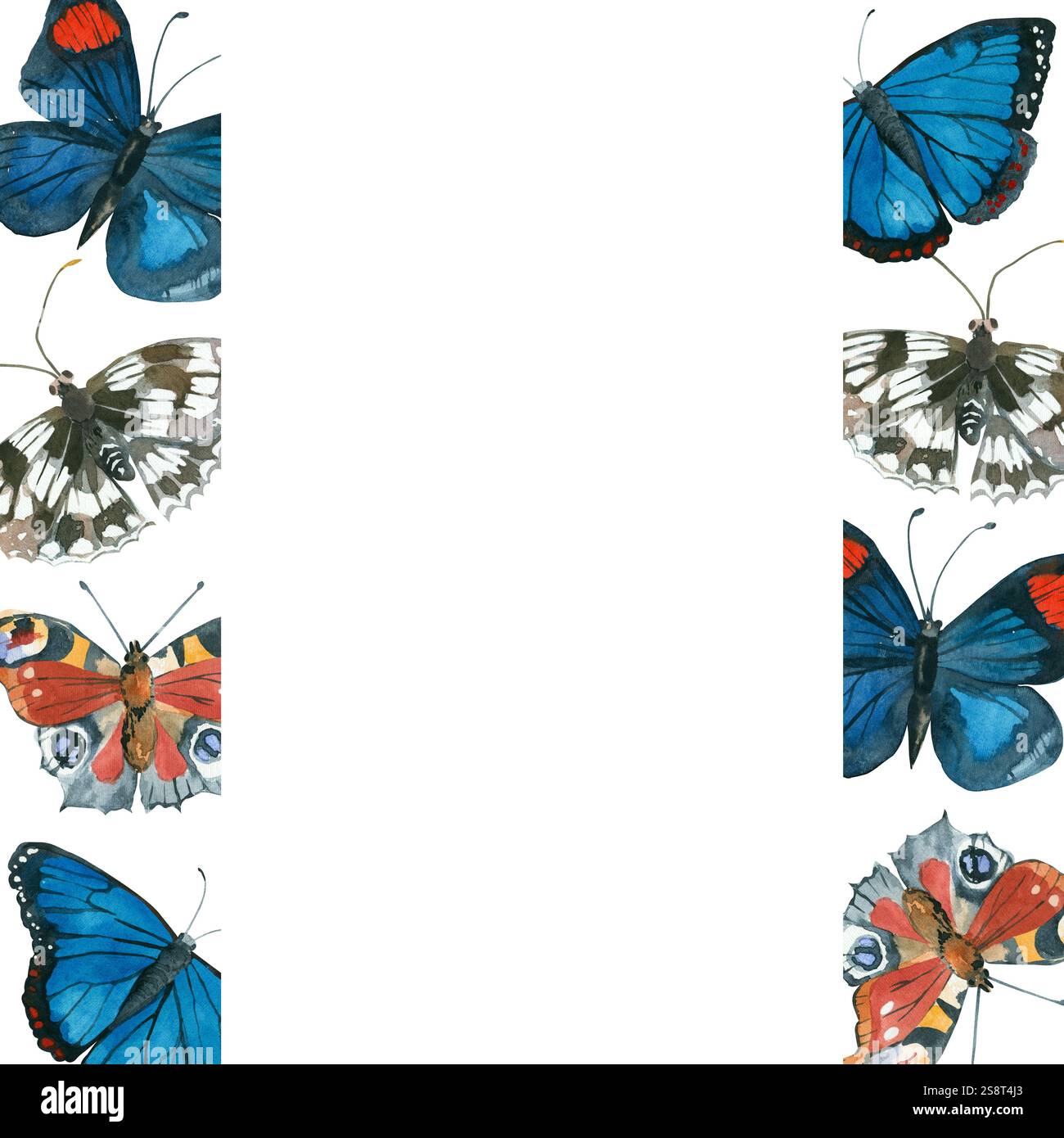 Frame of bright, colorful butterflies hand-drawn in watercolor and isolated on a white background. Watercolor illustration. Suitable for printing Stock Photo