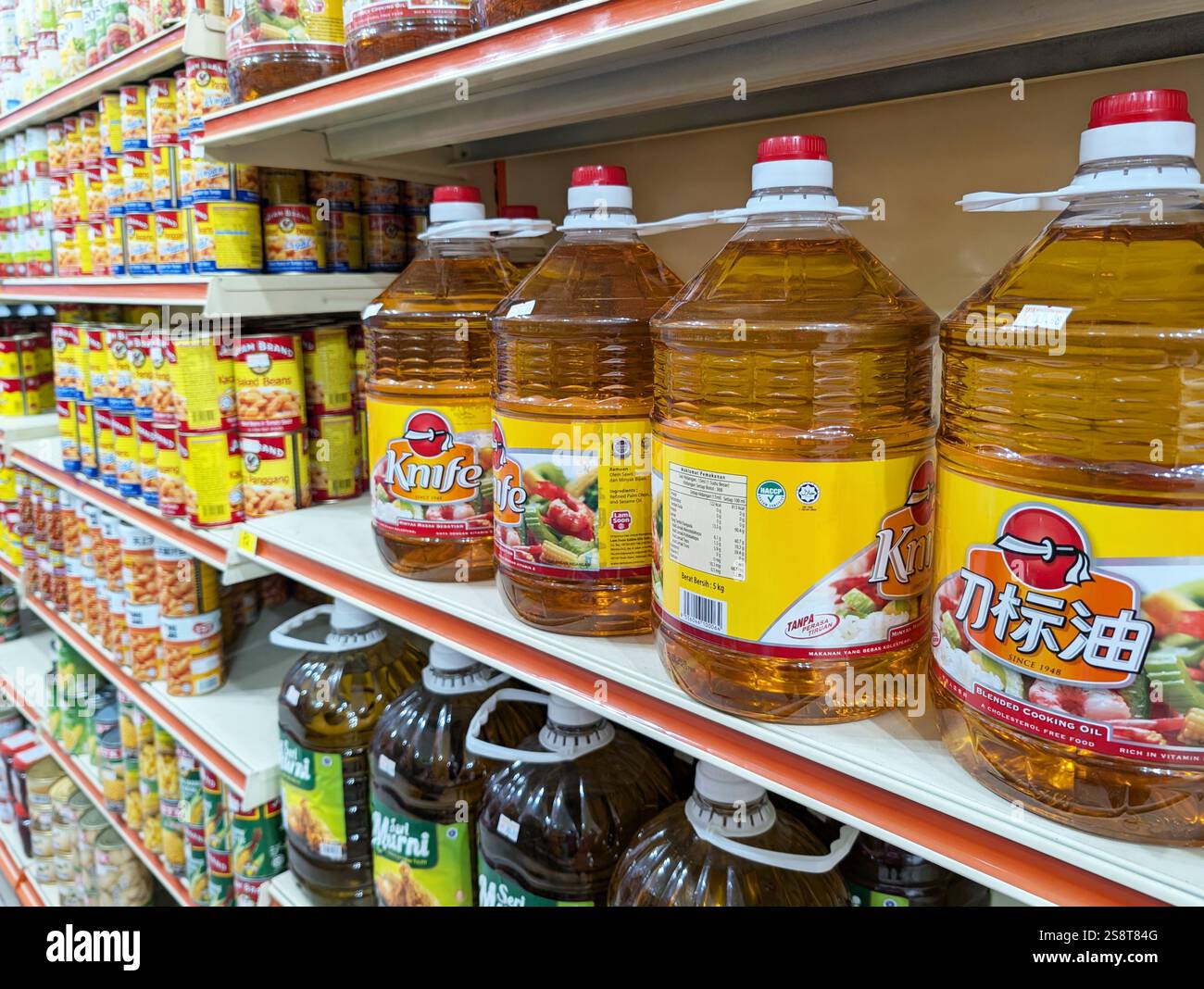 Kota Kinabalu, Malaysia - Jan 20, 2025: Various brand of cooking oil displayed for sale on shelves in Malaysian supermarket - Smartphone Captured Stock Image
