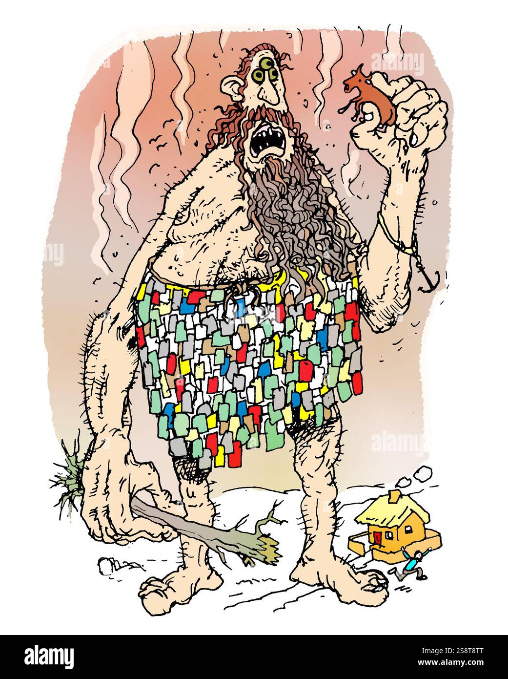Illustration art of three-eyed giant Oxylus, holding a cow, tiny house in the background, folktales, fairy stories, Greek mythical creatures  daimon Stock Photo