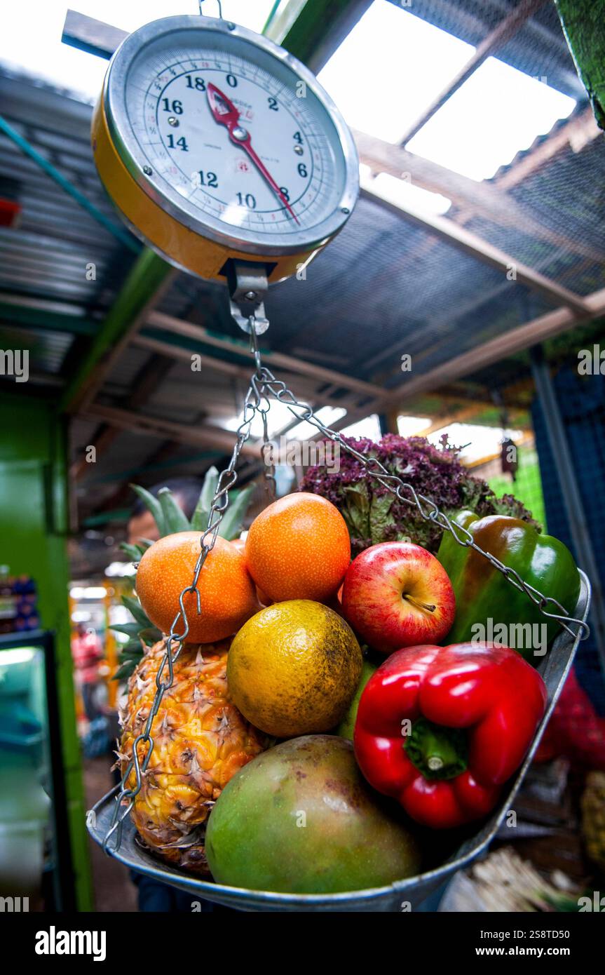 scale with vegetables and fruits Stock Photo