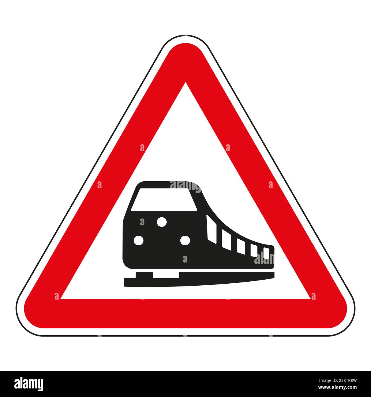 Unguarded railroad crossing traffic sign indicating approaching train ...