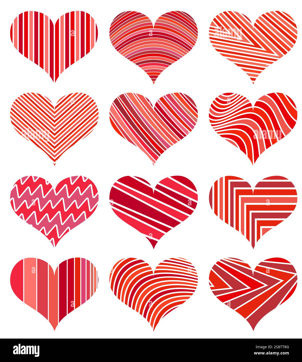 Set of different red hearts. Twelve hearts isolated on white background ...