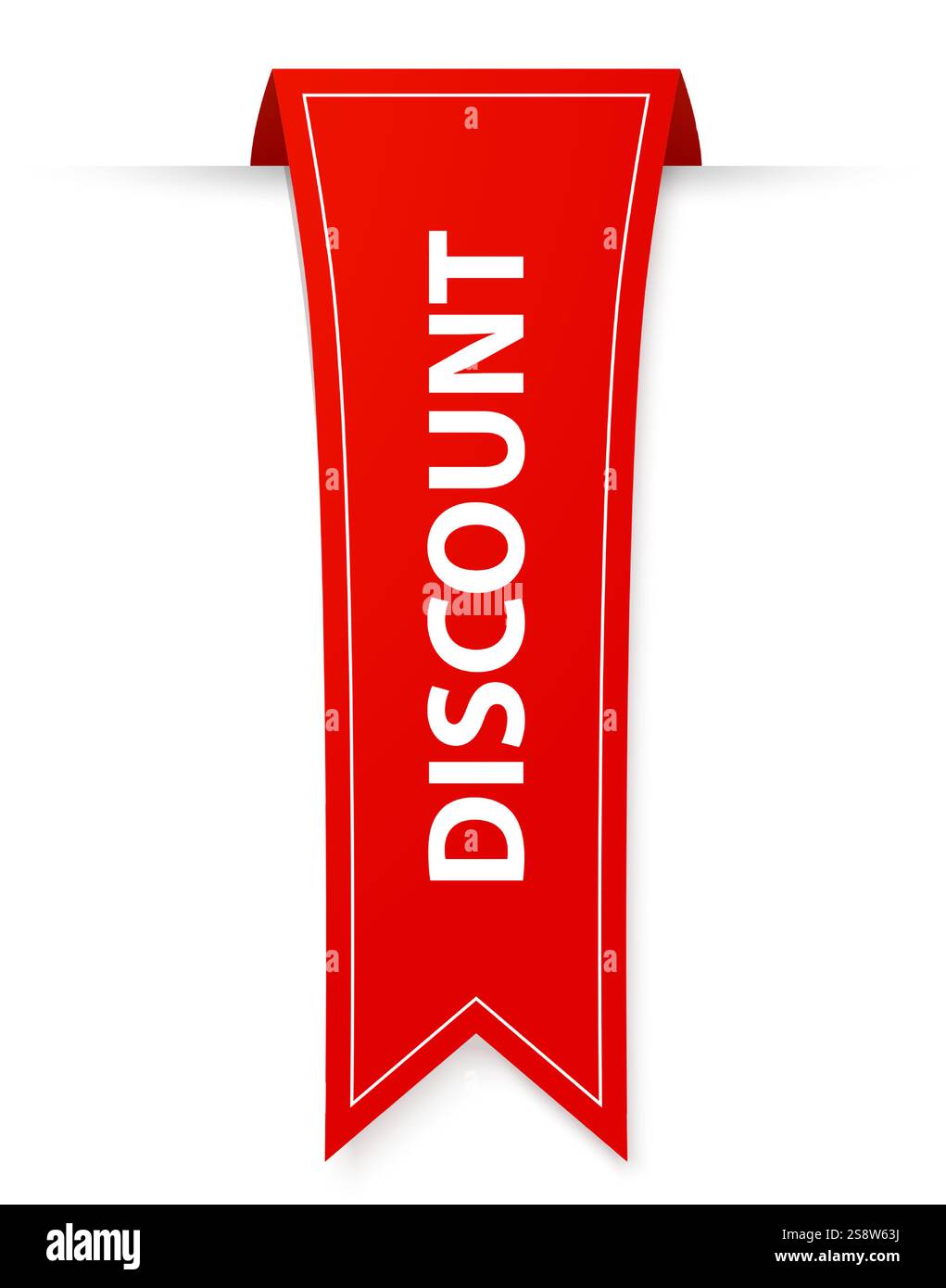 Red discount ribbon with white border hanging on white background ...