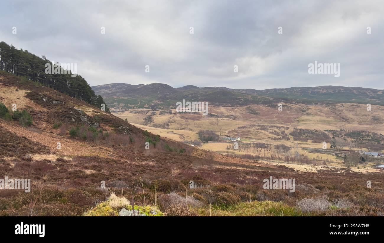 Dun Coillich hill and glen around Glengoulandie in the Scottish Highlands. Perthshire. Rolling Scottish countryside and mountain views with heather, r - Smartphone Captured Stock Image