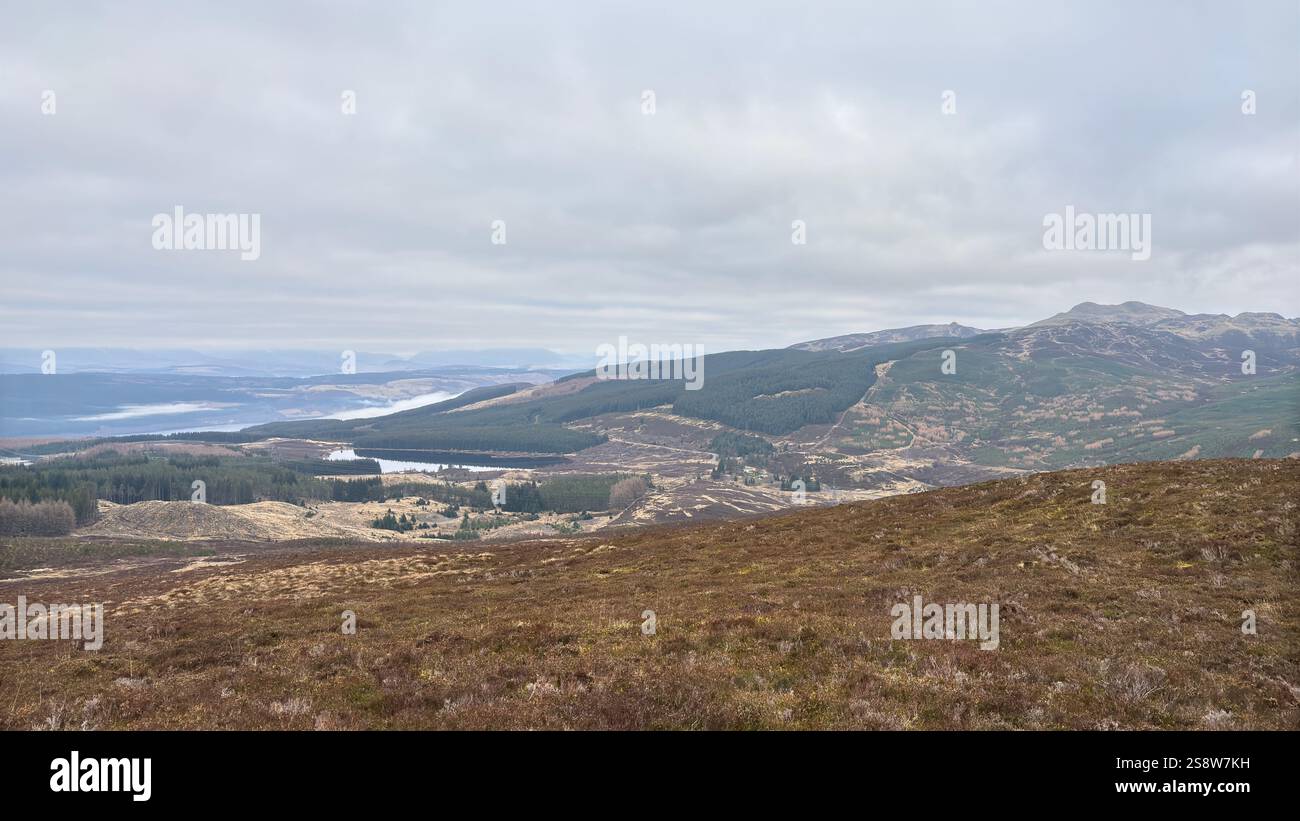 Dun Coillich hill and glen around Glengoulandie in the Scottish Highlands. Perthshire. Rolling Scottish countryside and mountain views with heather, r - Smartphone Captured Stock Image
