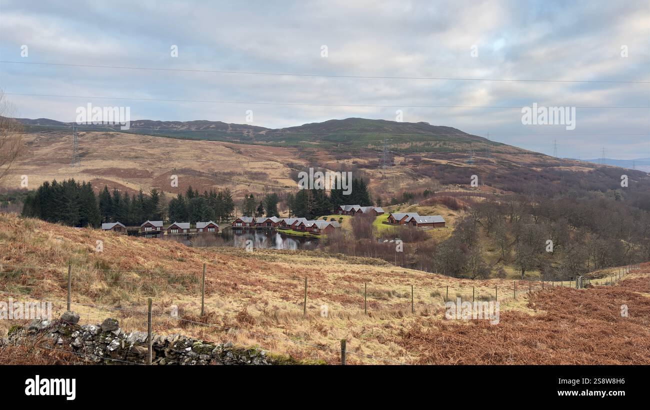 Glengoulandie caravan park near Dun Coillich hill and glen around Glengoulandie in the Scottish Highlands. Perthshire. Rolling Scottish countryside - Smartphone Captured Stock Image