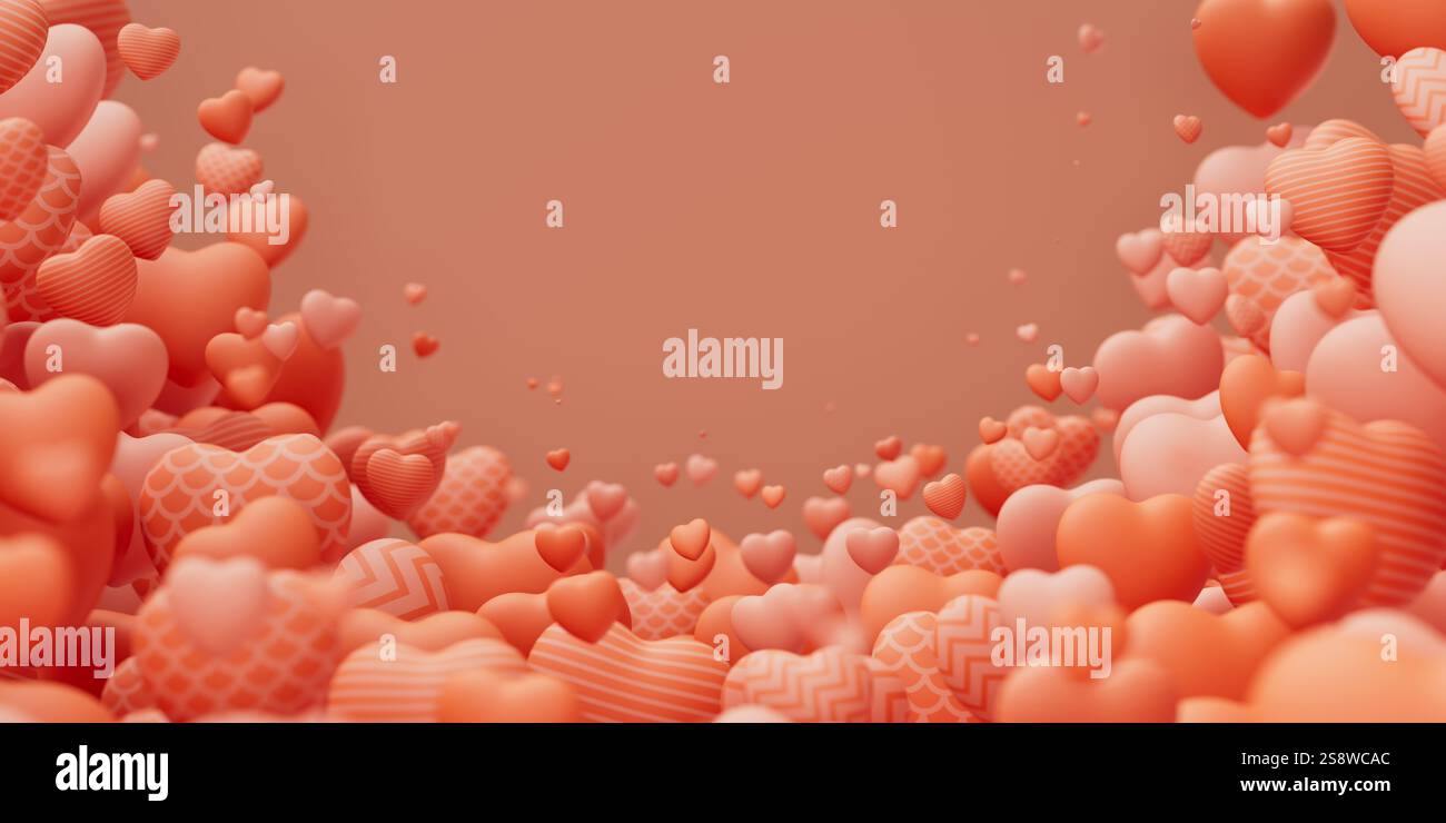 Valentines day background with many coral pink textured flying hearts ...