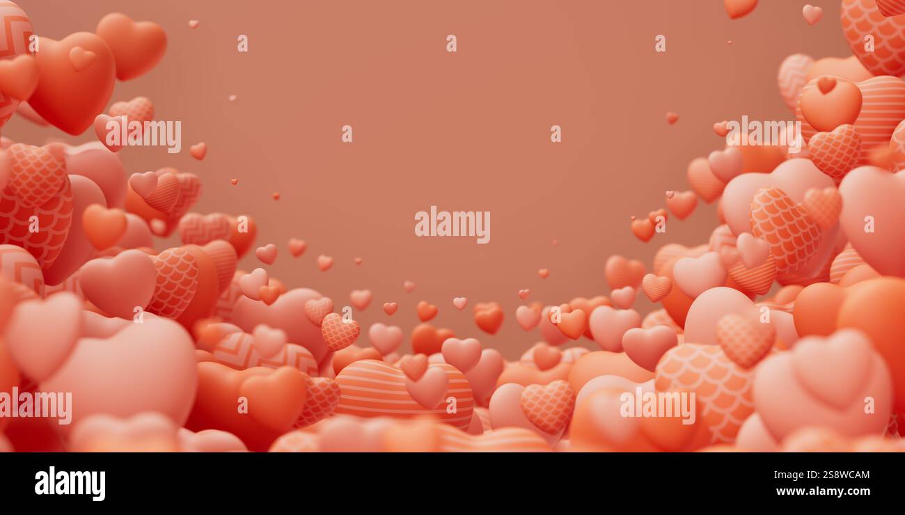Valentines day background with many coral pink textured flying hearts ...