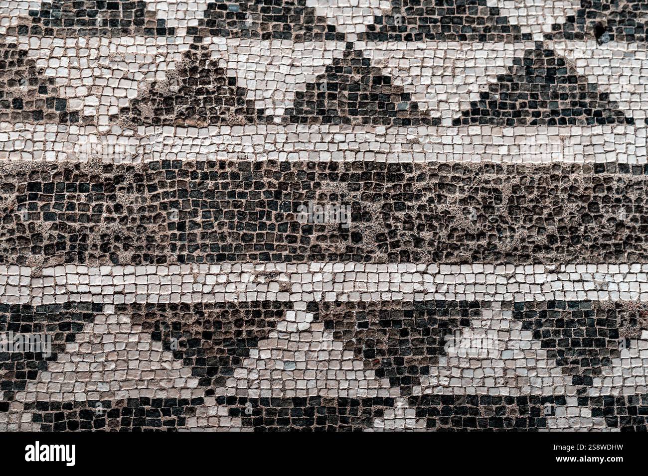 Black and White Geometric Mosaic Floor Details-Pompeii-House of the Geometric Mosaics. Stock Photo