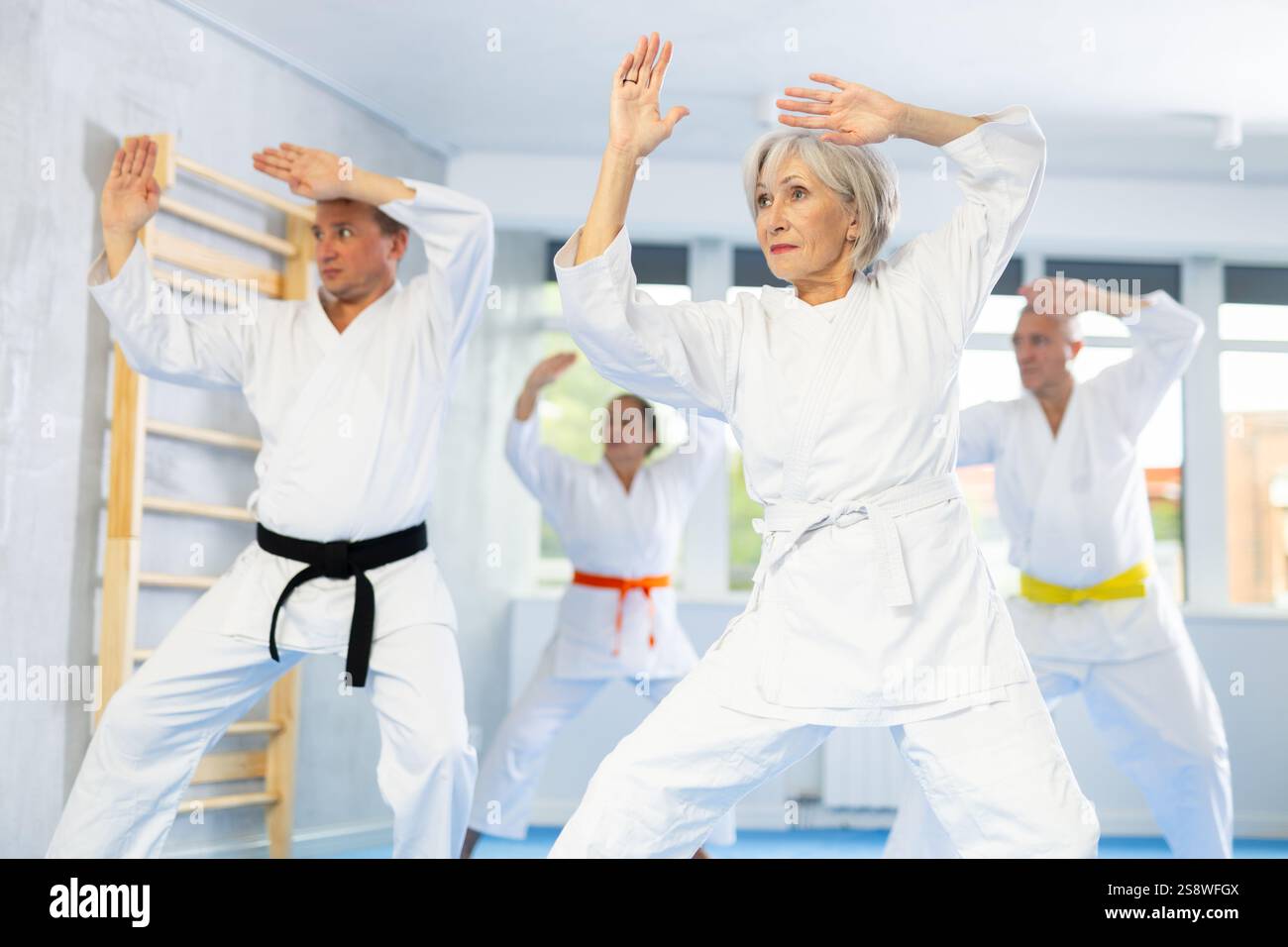 Practice Kata Old woman attendee of karate classes practicing kata standing in row ...