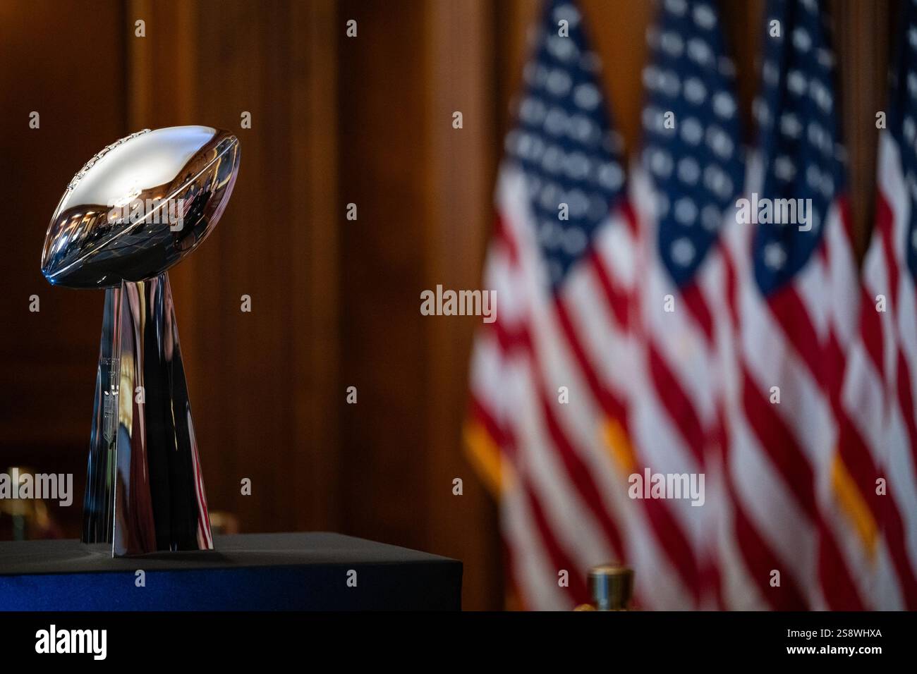 Washington, United States. 23rd Jan, 2025. The Vince Lombardi Super Bowl Trophy on display in