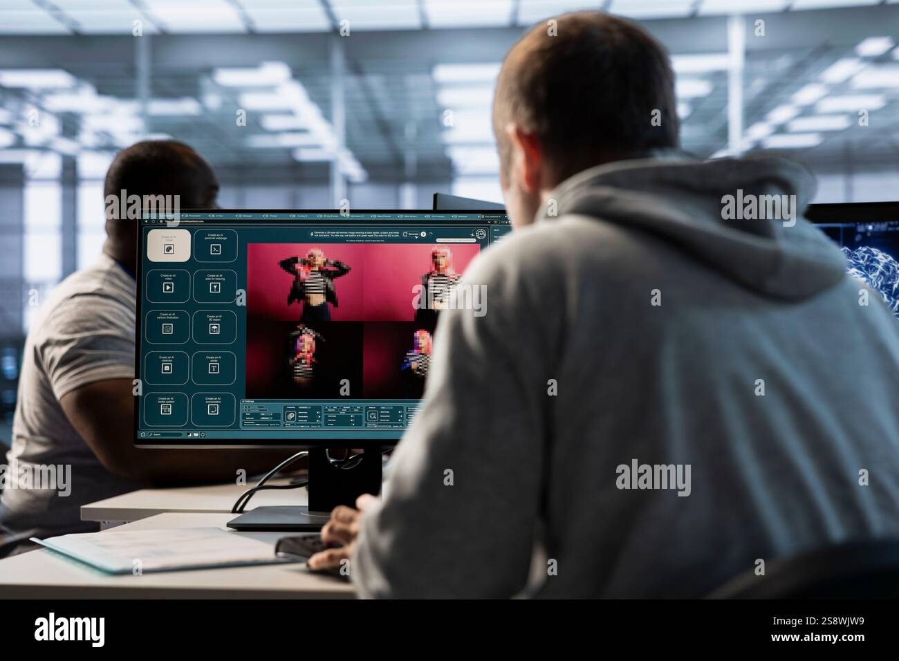Technician in server hub making generative artificial intelligence website generating videos using diffusion model algorithms. Employee coding AI virtual assistant producing clips Stock Photo