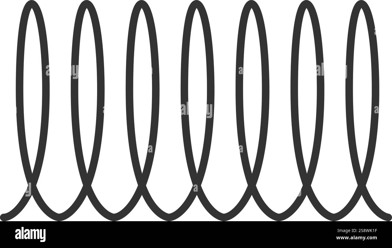 Dark gray metal spiral spring forming repeating loops on a white ...