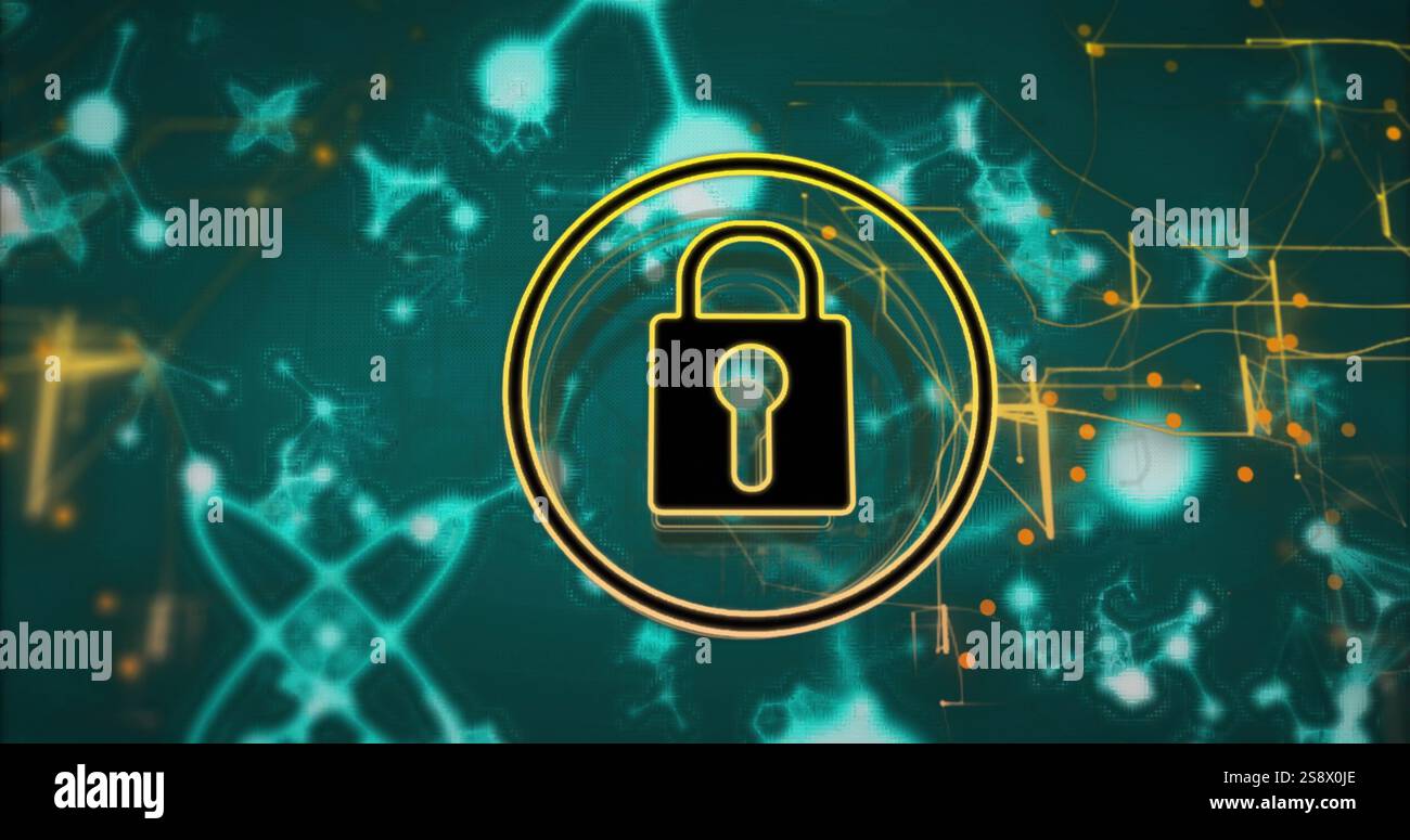 Lock symbol image over abstract digital background with molecular structures Stock Photo