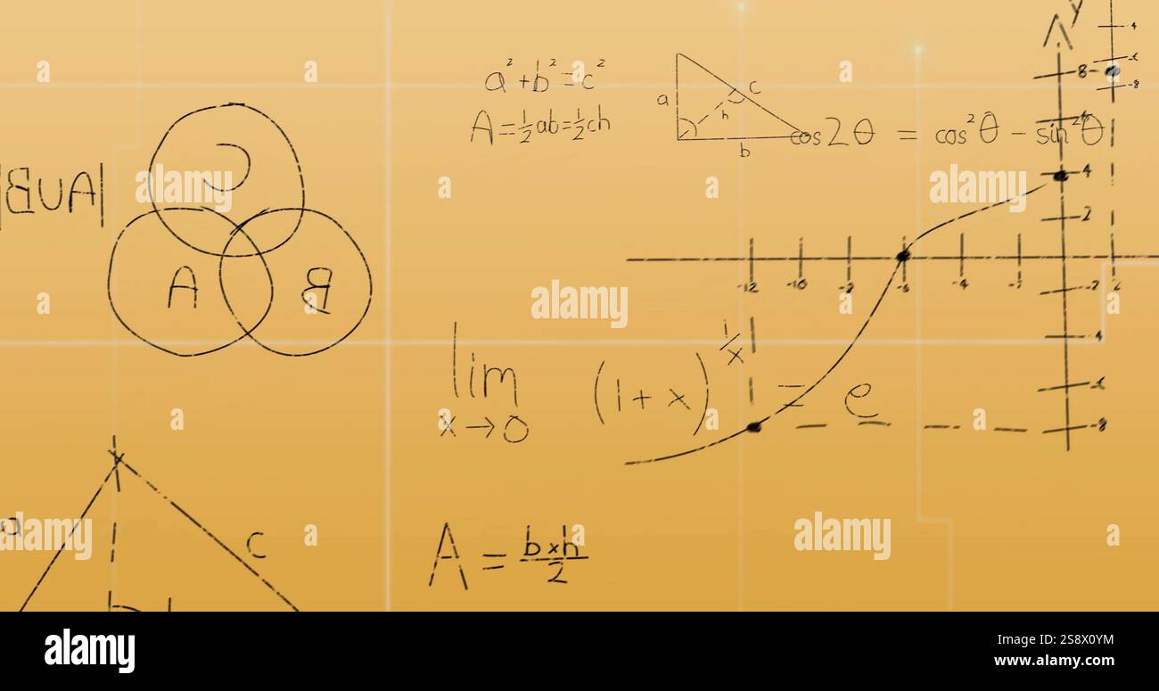 Image of mathematical data processing over yellow background Stock Photo