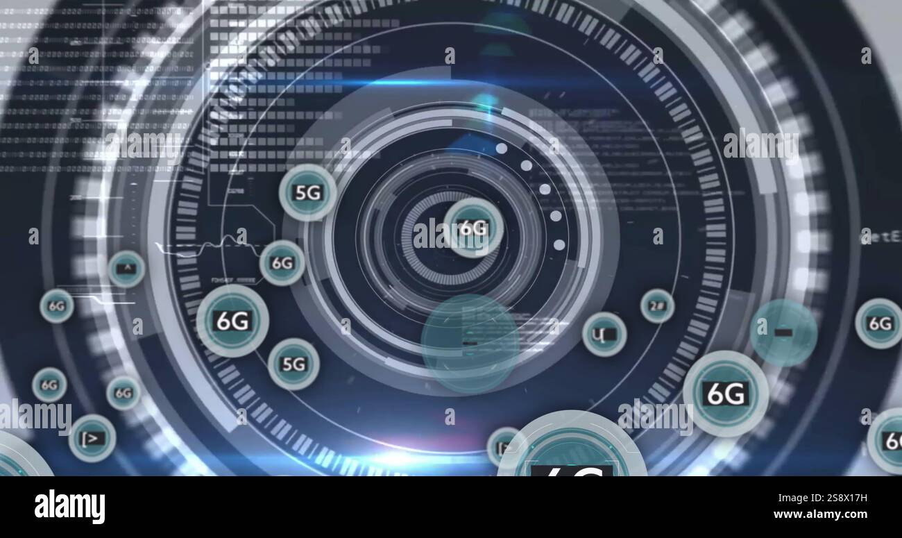 Futuristic digital interface with 6G technology image over circular HUD elements Stock Photo