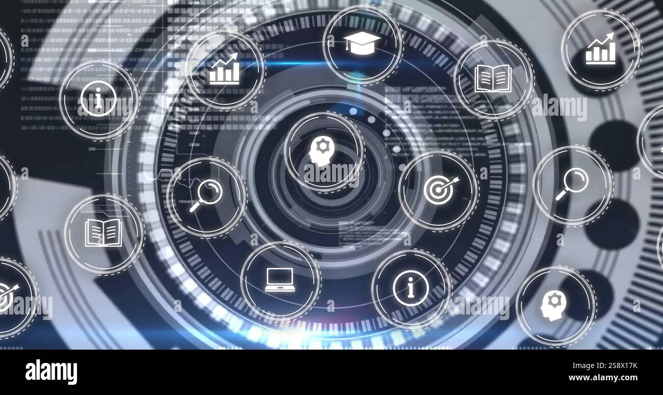 Futuristic data processing image with various icons over digital interface Stock Photo