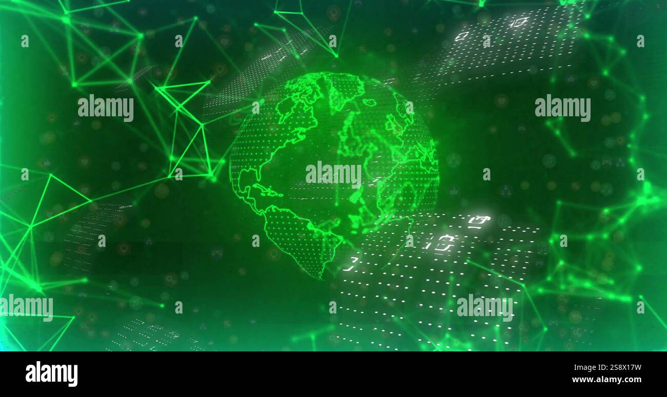 Digital globe and binary code data processing image over green network connections Stock Photo