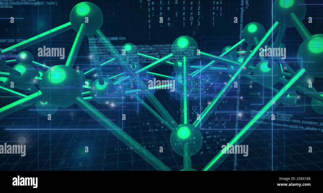 Network of connections and data processing image over binary coding background Stock Photo