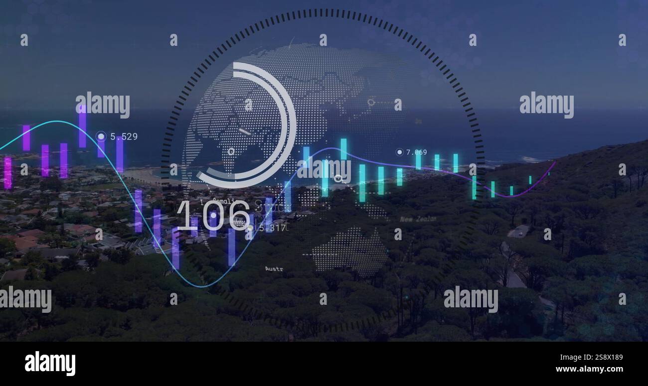 Image of graphs and data processing ring over globe and coast at night Stock Photo