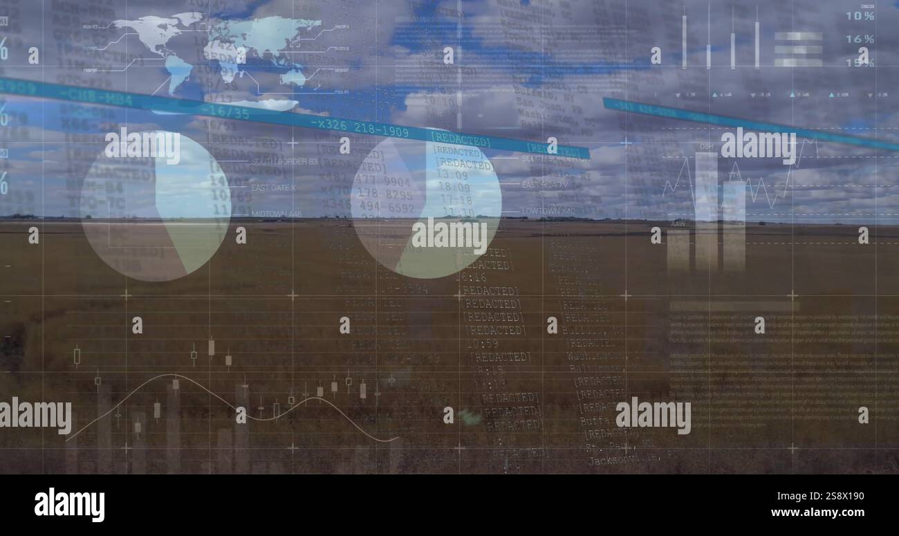 Image of financial data processing over landscape Stock Photo