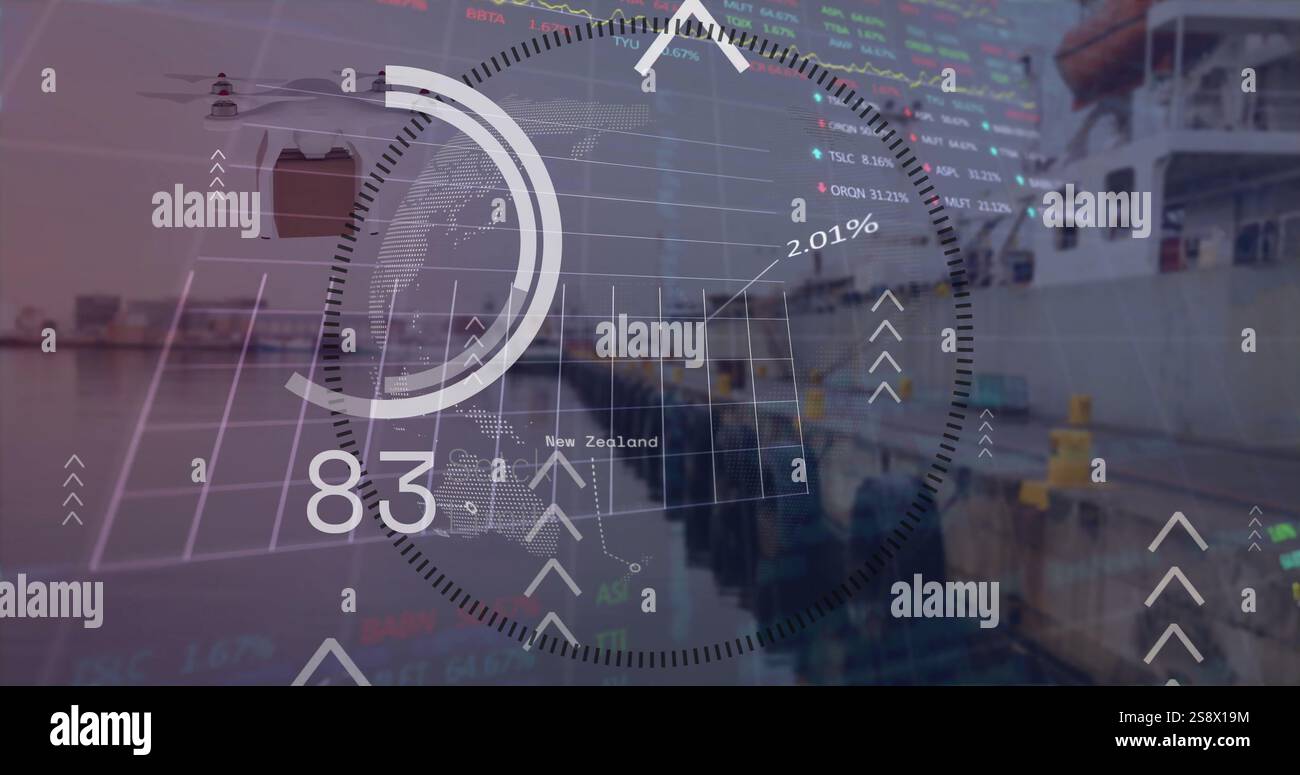 Image of graphs, processing data and globe over goods warehouse Stock Photo