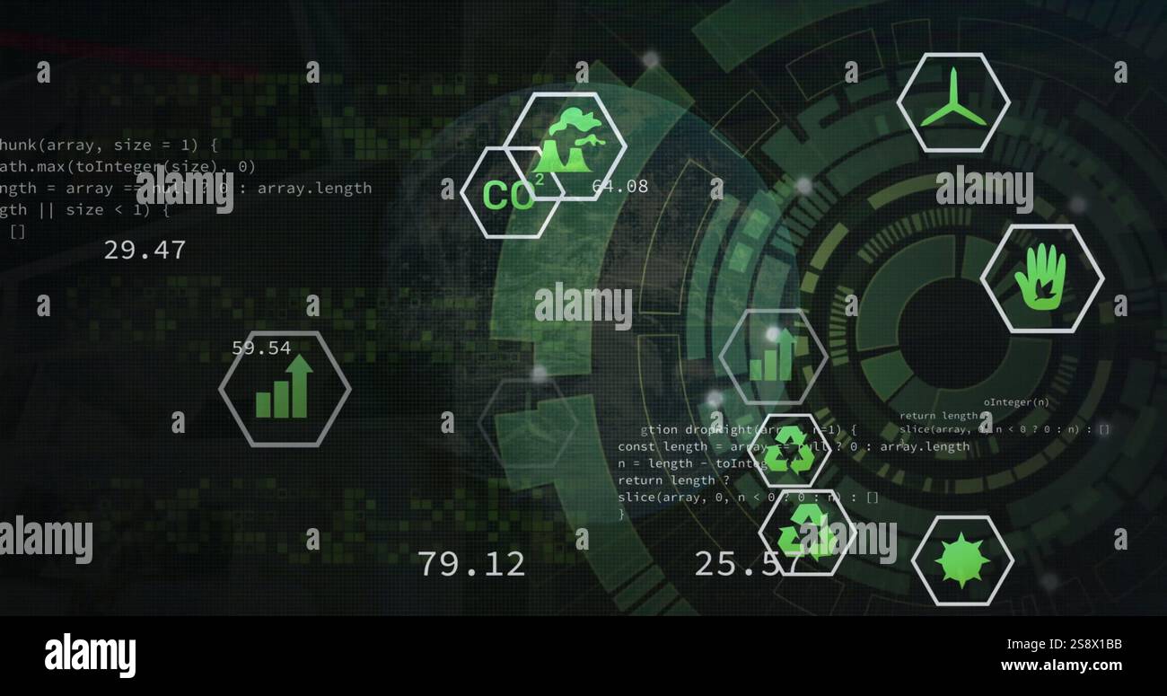 Image of eco icons, computing data processing over scope scanning Stock Photo