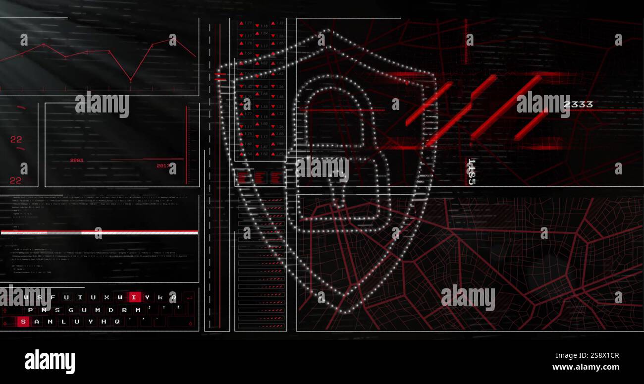 Image of data processing over padlock and shield Stock Photo